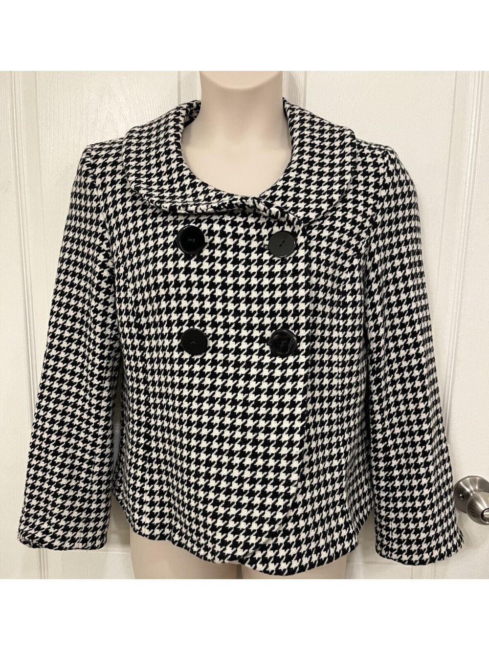 Pendleton Women's Black White Houndstooth Wool Double Breasted Jacket Blazer 14
